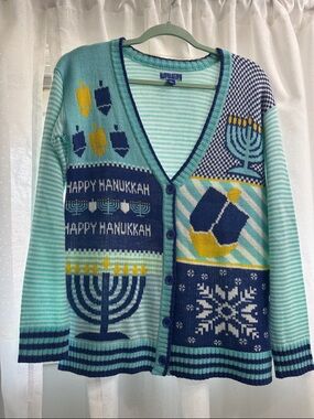 Holiday Hanukkah Cardigan Sweater - Aqua, Navy & Yellow